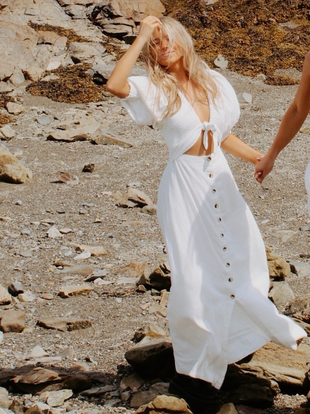 Free People White Button-Front Maxi Dress with Tie Bodice